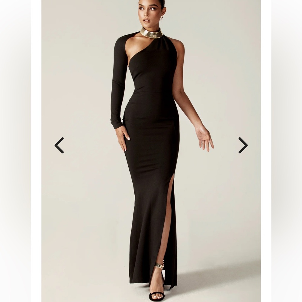 One-Shoulder Black Evening Gown with Thigh Slit